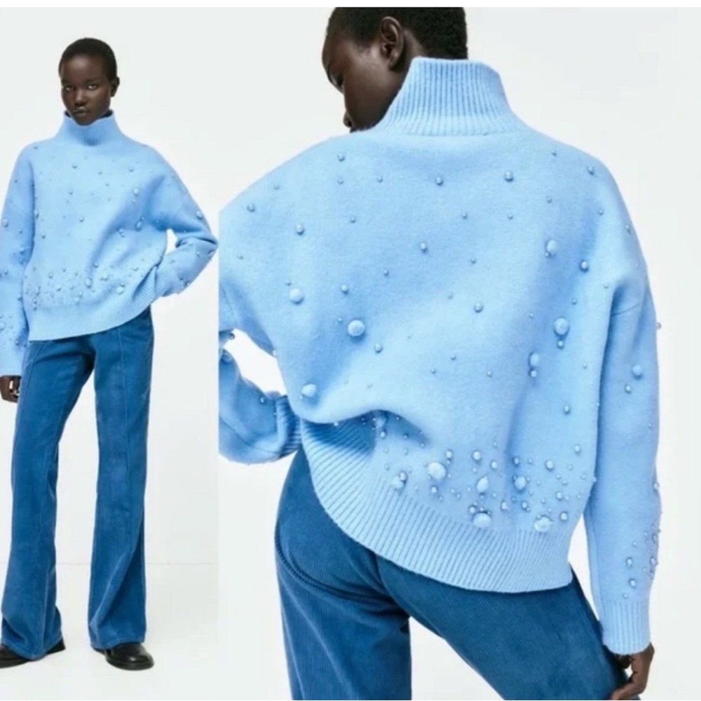 Zara Beaded Rich Blue Sweater | Mock Turtleneck | Pompons | Small | NWT